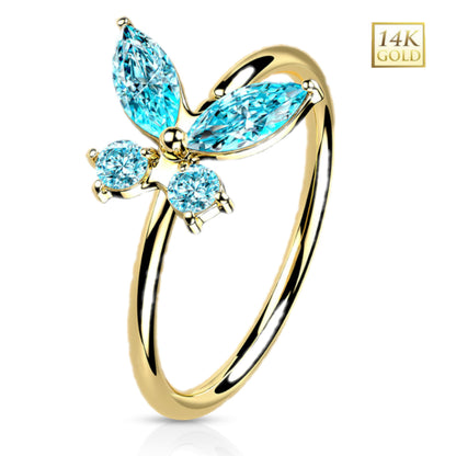 14K Solid Gold 20 Gauge Bendable Nose Ring with CZ Opal Butterfly - photo 3