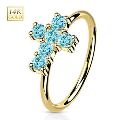 14K Solid Gold 20 Gauge Bendable Nose Ring with CZ Opal Cross - photo 3