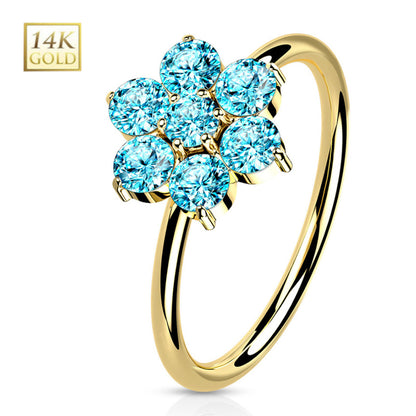 14K Solid Gold 20 Gauge Bendable Nose Ring with CZ Opal Flower - photo 3