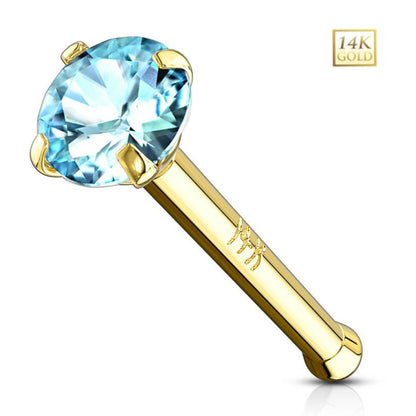 14K Solid Gold 20 Gauge Nose Bone Stud with Prong Set CZ - photo 2