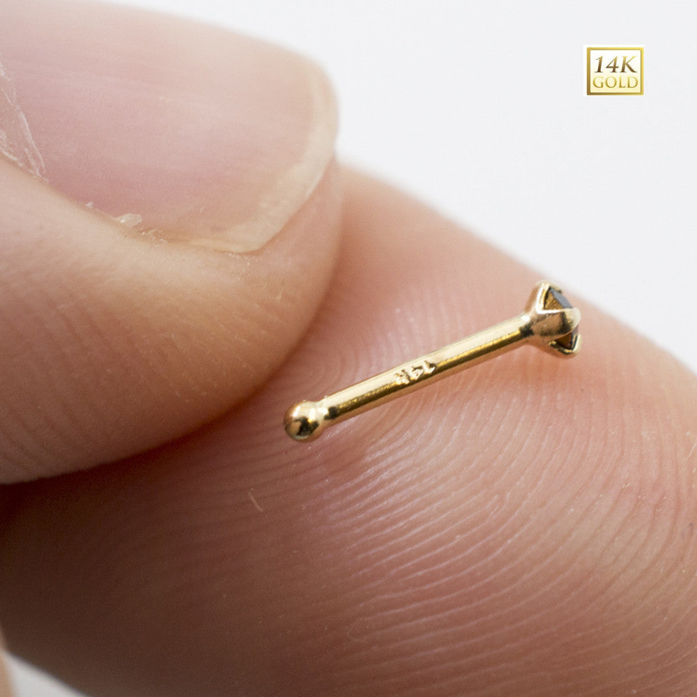 14K Solid Gold 22 Gauge Nose Bone Stud with Black CZ