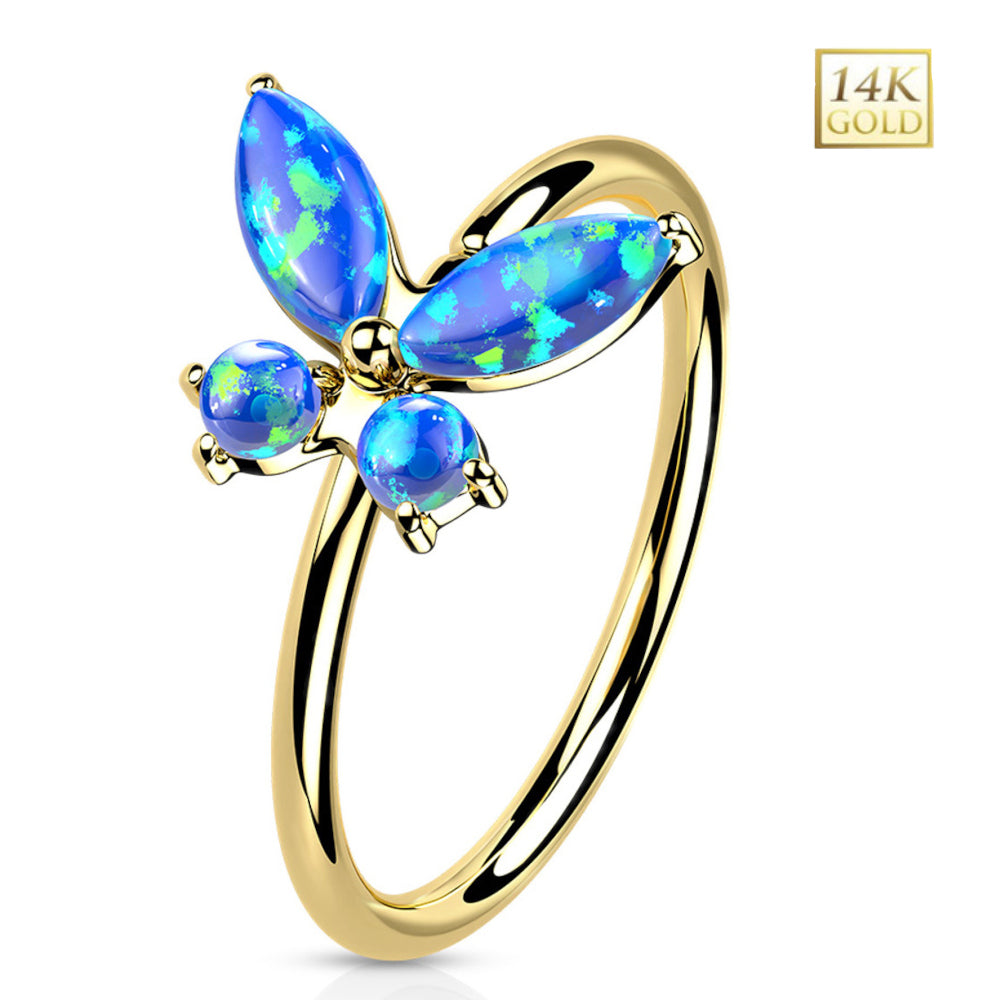 14K Solid Gold 20 Gauge Bendable Nose Ring with CZ Opal Butterfly - photo 4