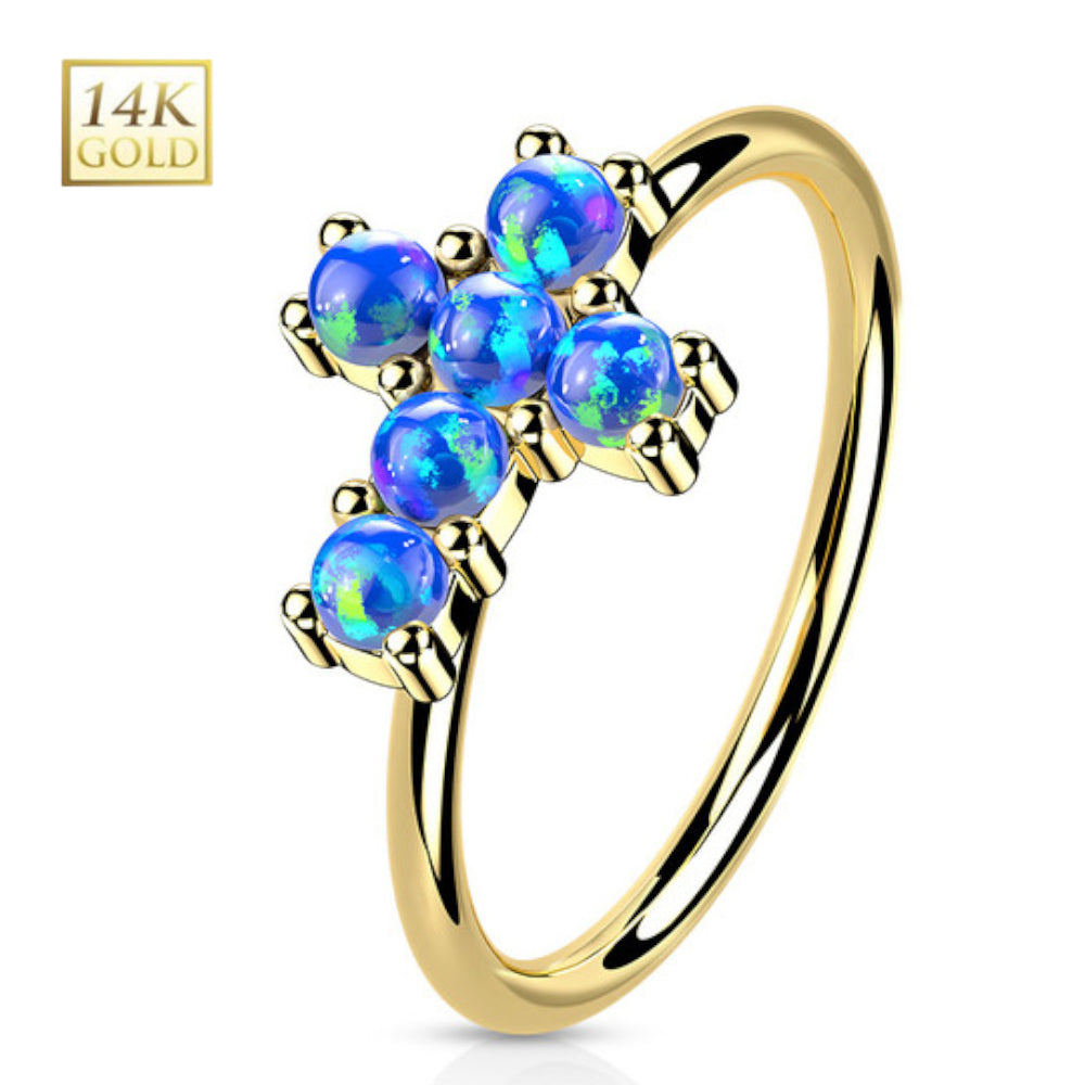 14K Solid Gold 20 Gauge Bendable Nose Ring with CZ Opal Cross - photo 4