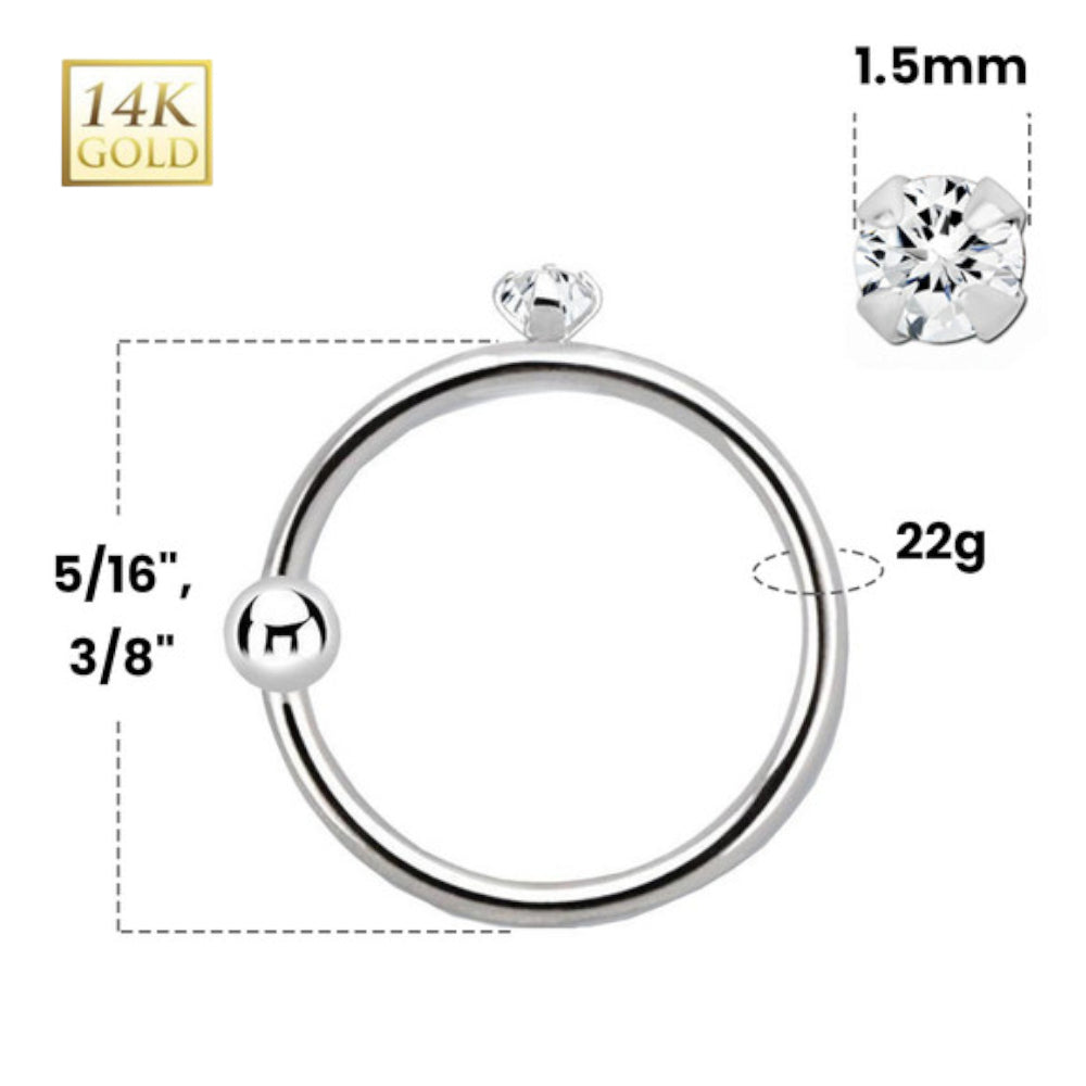 14K Solid White Gold 22 Gauge Captive Bead Ring with 1.5mm Diamond - photo 2