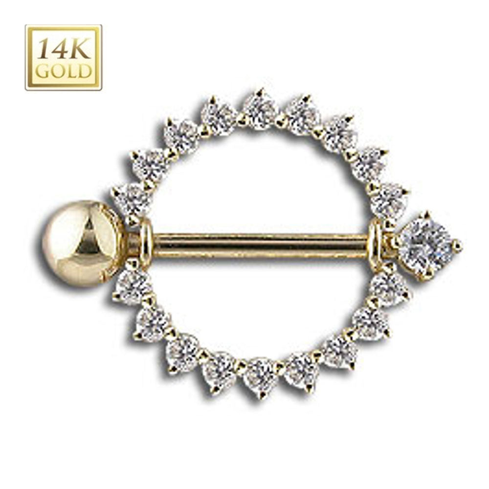 14K Solid Gold 14 Gauge Nipple Shield with Circle CZ Gems - Pair - photo 2