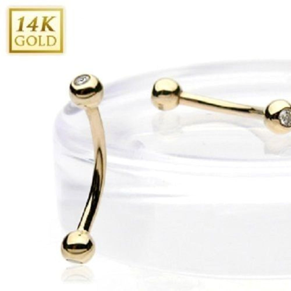 14K Solid Gold 16 Gauge Curved Barbell with Clear CZ Ball - photo 2