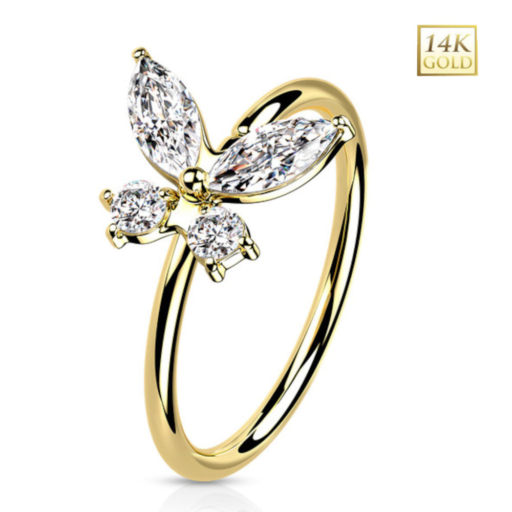 14K Solid Gold 20 Gauge Bendable Nose Ring with CZ Opal Butterfly - photo 5