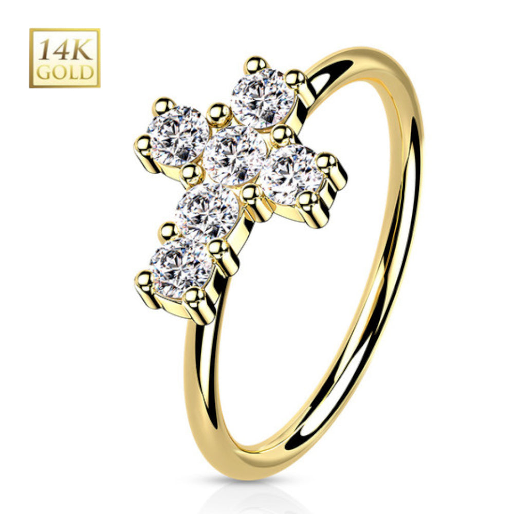 14K Solid Gold 20 Gauge Bendable Nose Ring with CZ Opal Cross - photo 5
