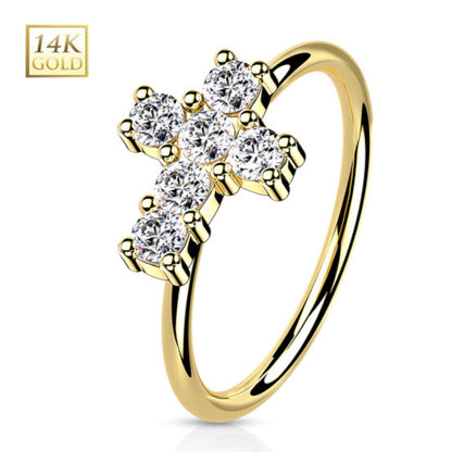 14K Solid Gold 20 Gauge Bendable Nose Ring with CZ Opal Cross - photo 5