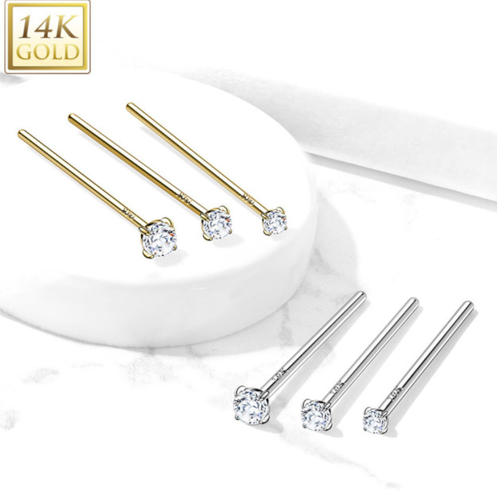 14K Solid Gold 20 & 18 Gauge Prong Set CZ Fishtail Nose Stud