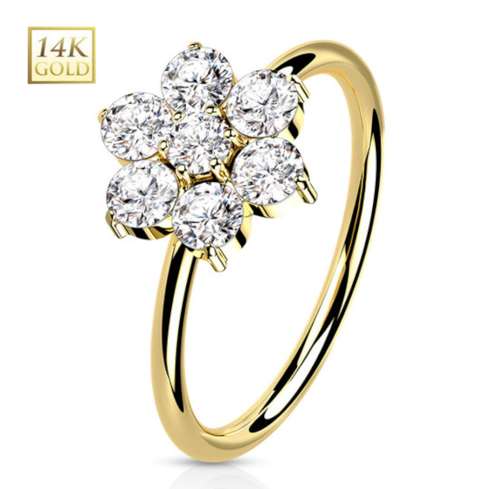 14K Solid Gold 20 Gauge Bendable Nose Ring with CZ Opal Flower - photo 5