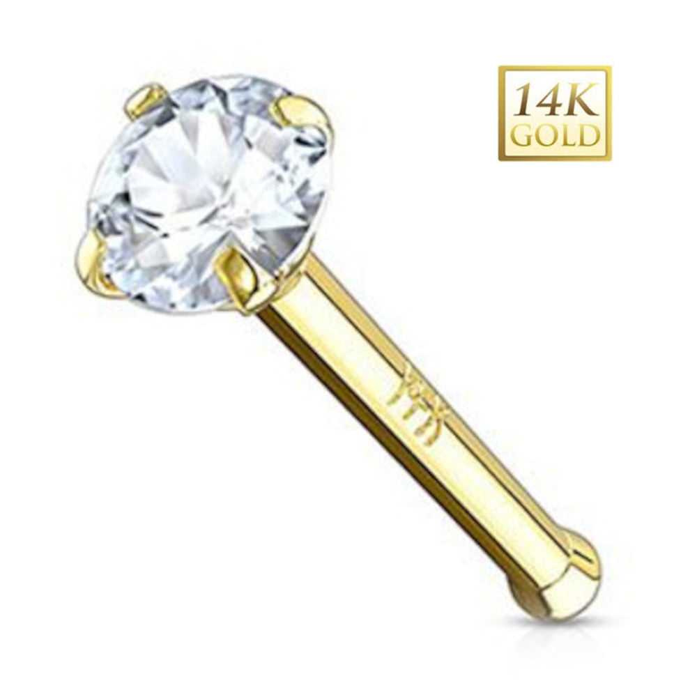 14K Solid Gold 20 Gauge Nose Bone Stud with Prong Set CZ - photo 6