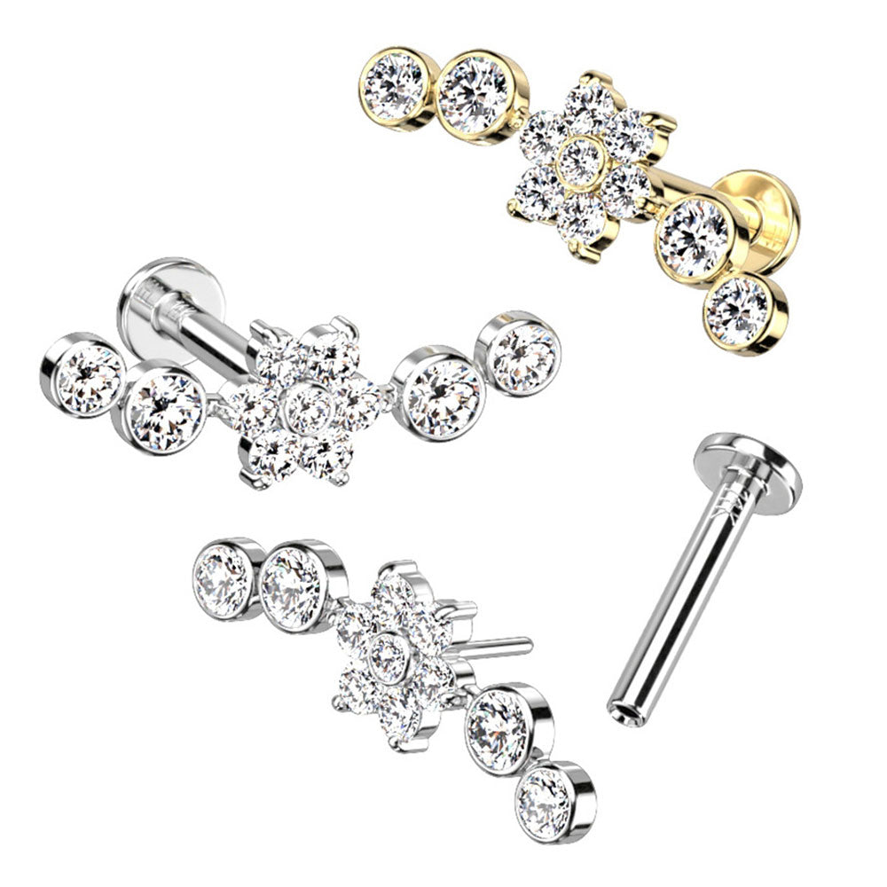 14K Solid Gold 16 to 18 Gauge Cluster CZ Flower Labret Stud