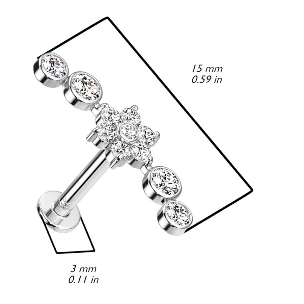 14K Solid Gold 16 to 18 Gauge Cluster CZ Flower Labret Stud