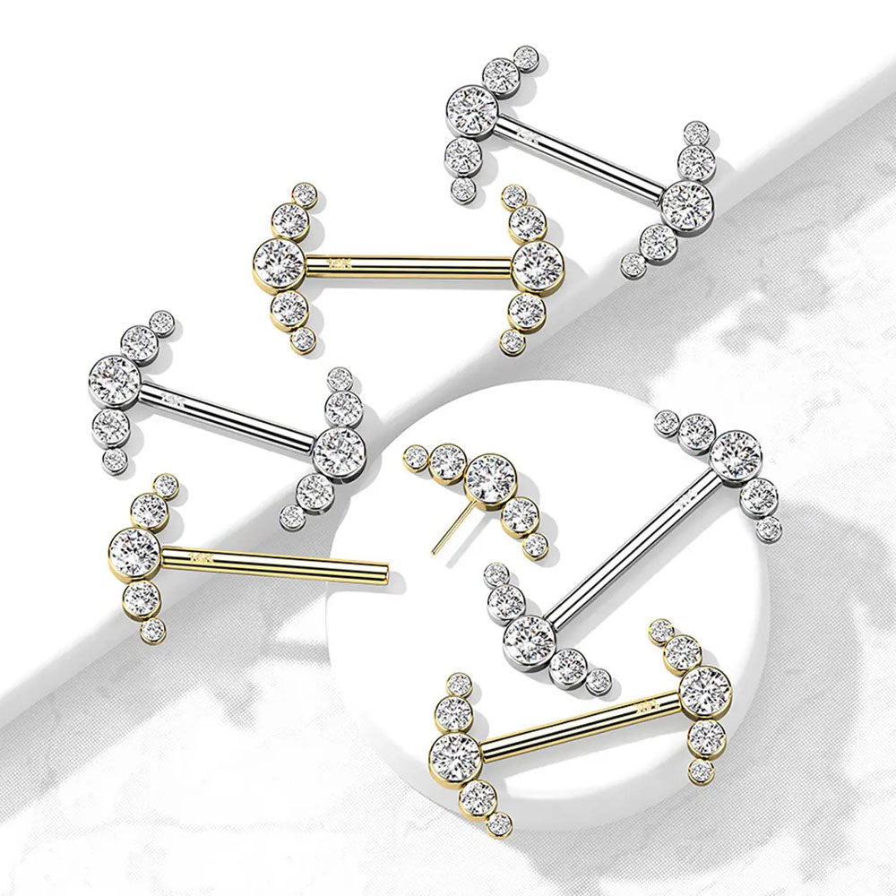 14K Solid Gold 14 Gauge Cluster CZ Nipple Barbell - Pair