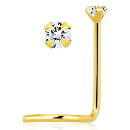 14K Solid Gold Corkscrew Nose Stud 22 Gauge with Prong Set Diamond
