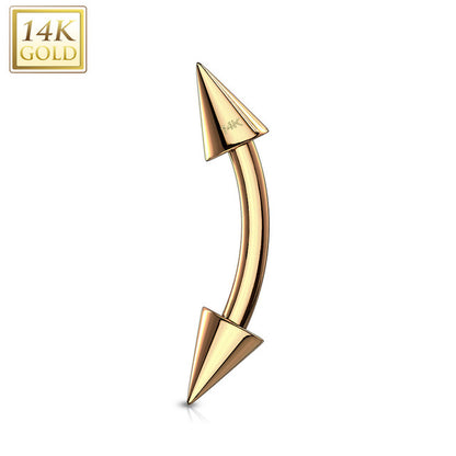14K Solid Gold 16 Gauge Curved Barbell with Spike End - photo 2