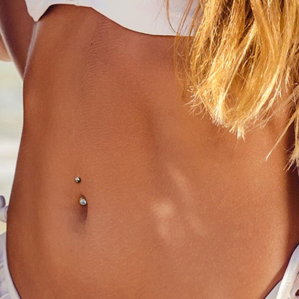 14K Solid Gold 14 Gauge Curved Barbell Belly Ring with Double CZ - photo 4