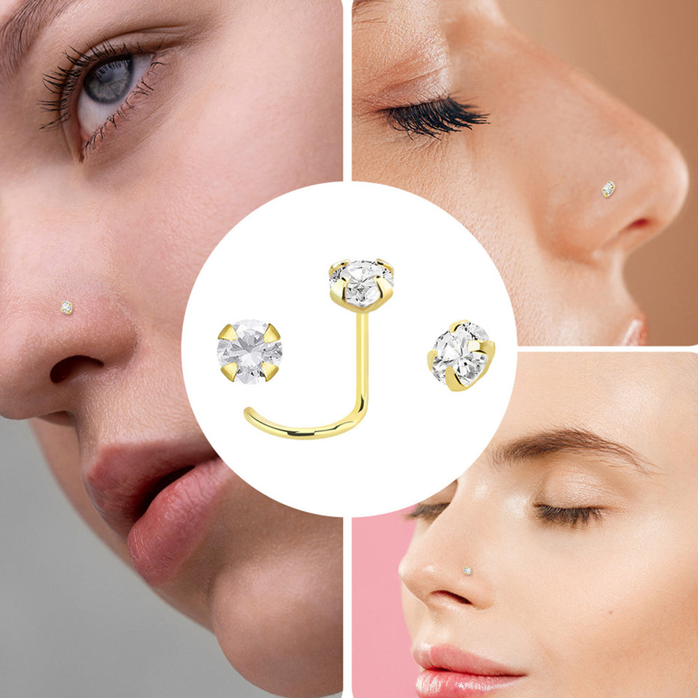 14K Solid Gold Corkscrew Nose Ring 22G 6mm with Prong CZ - photo 2