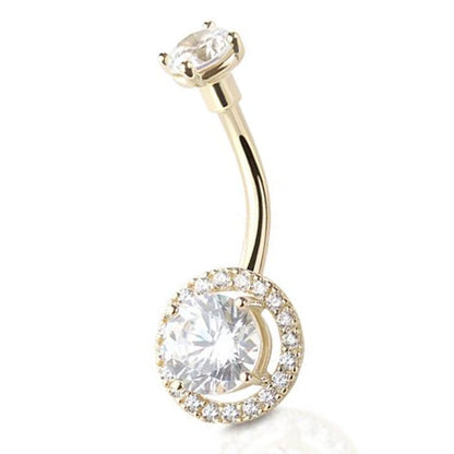 14K Solid Gold 14 Gauge Belly Ring with CZ Halo