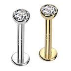14K Solid Gold 16 Gauge Internally Threaded CZ Top Labret Stud