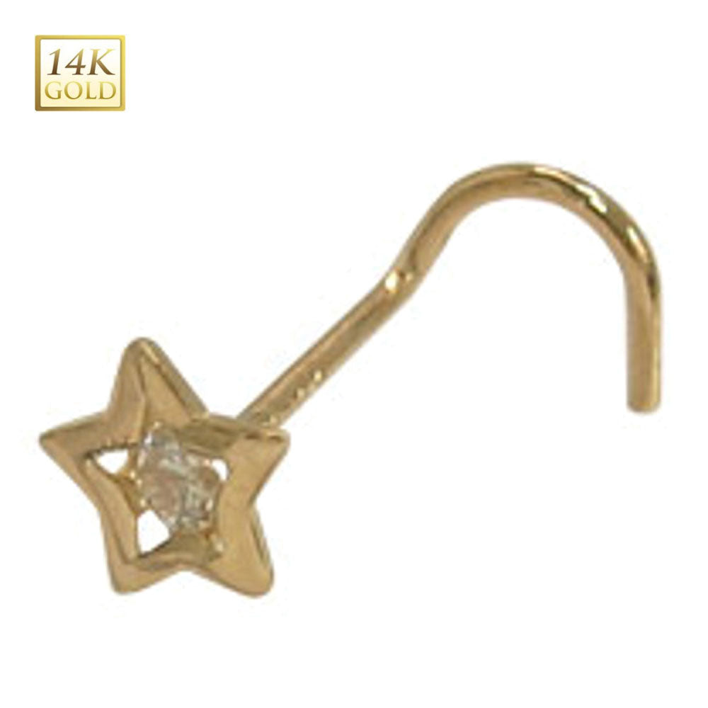 14K Solid Gold 18 Gauge Nose Stud with CZ Star Corkscrew - photo 2