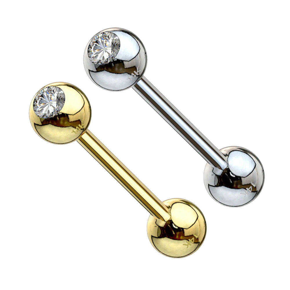 14K Solid Gold 14 Gauge CZ Straight Barbell Nipple Tongue Ring - photo 5
