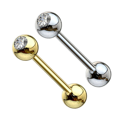 14K Solid Gold 14 Gauge CZ Straight Barbell Nipple Tongue Ring - photo 5