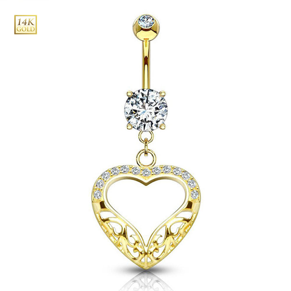14K Solid Gold 14 Gauge Belly Ring with Dangle Filigree Heart CZ - photo 3