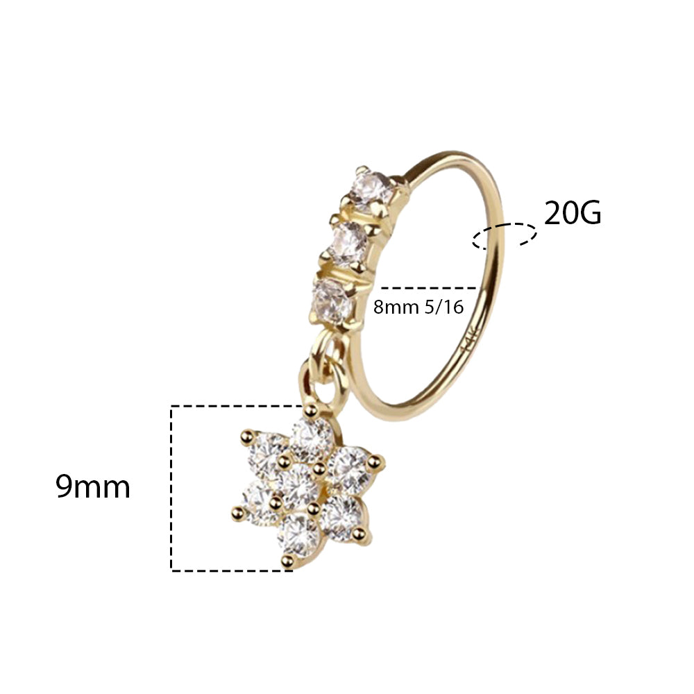 14K Solid Gold Bendable Nose Ring 20G 8mm with Dangling CZ Flower - photo 3