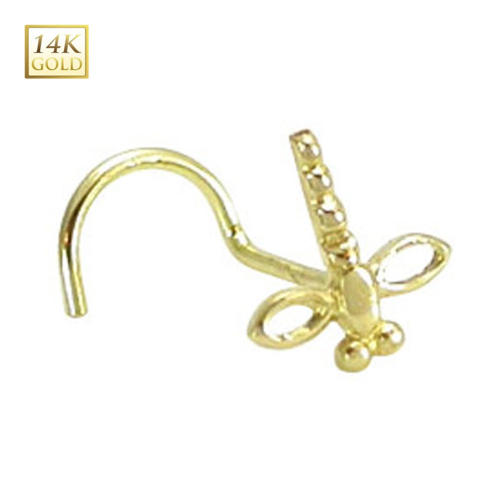 14K Solid Gold Dragonfly Corkscrew Nose Stud 20 Gauge