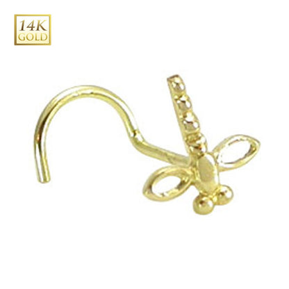 14K Solid Gold Dragonfly Corkscrew Nose Stud 20 Gauge
