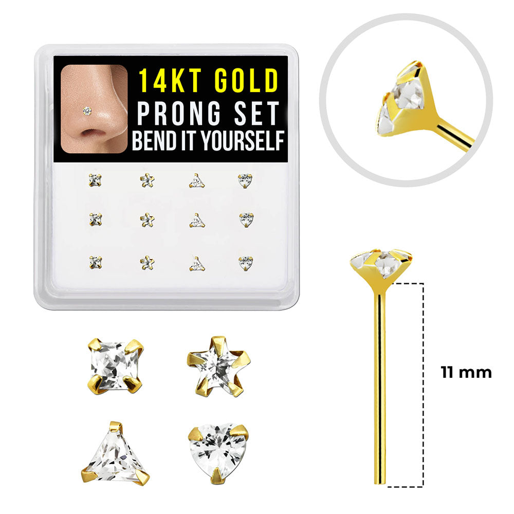 14K Solid Gold Bendable Fishtail Nose Stud 22G with CZ - 4 Shapes - photo 6