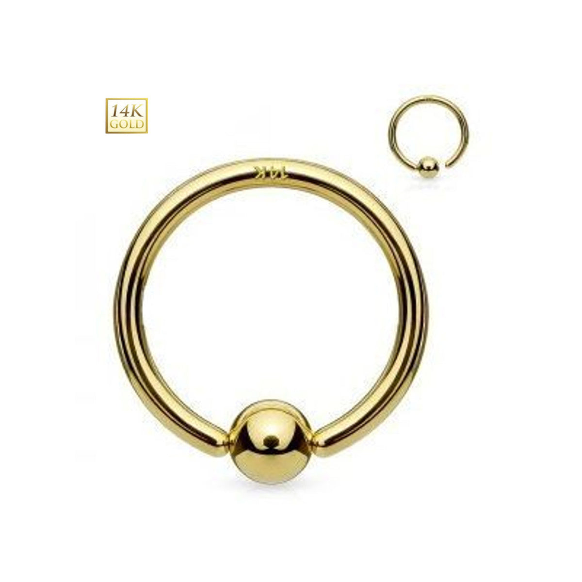 14K Solid Gold Fixed Ball Captive Bead Ring 16 to 20 Gauge