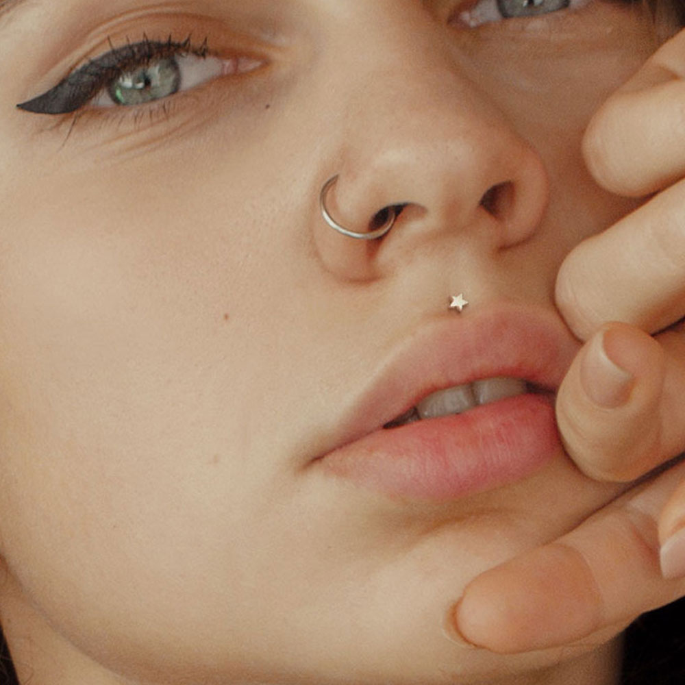14K Solid Gold Threadless Push-In Star Labret Stud 18 Gauge 8mm