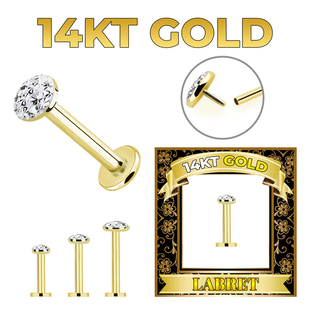 14K Solid Gold Flat Back Labret 16 Gauge 6mm to 10mm with CZ - photo 2