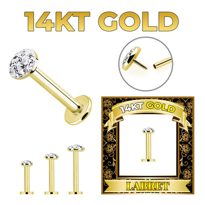 14K Solid Gold Flat Back Labret 16 Gauge 6mm to 10mm with CZ - photo 2