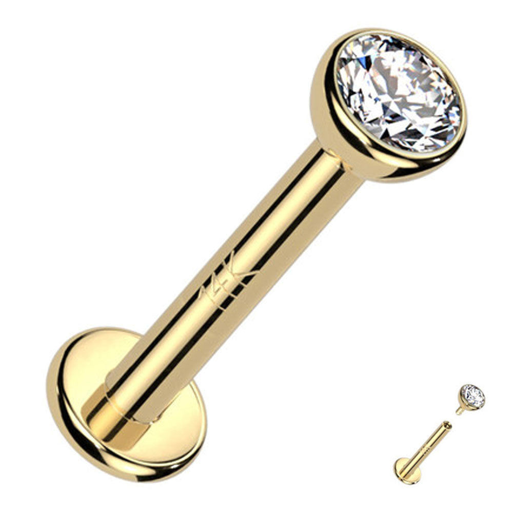 14K Solid Gold 16 Gauge Internally Threaded CZ Top Labret Stud