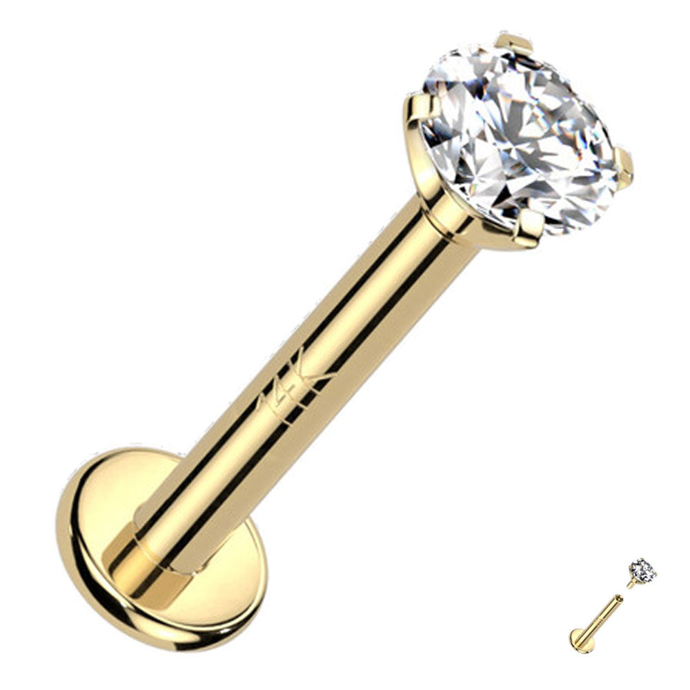 14K Solid Gold 16G Internally Threaded CZ Top Labret Stud - Style 2