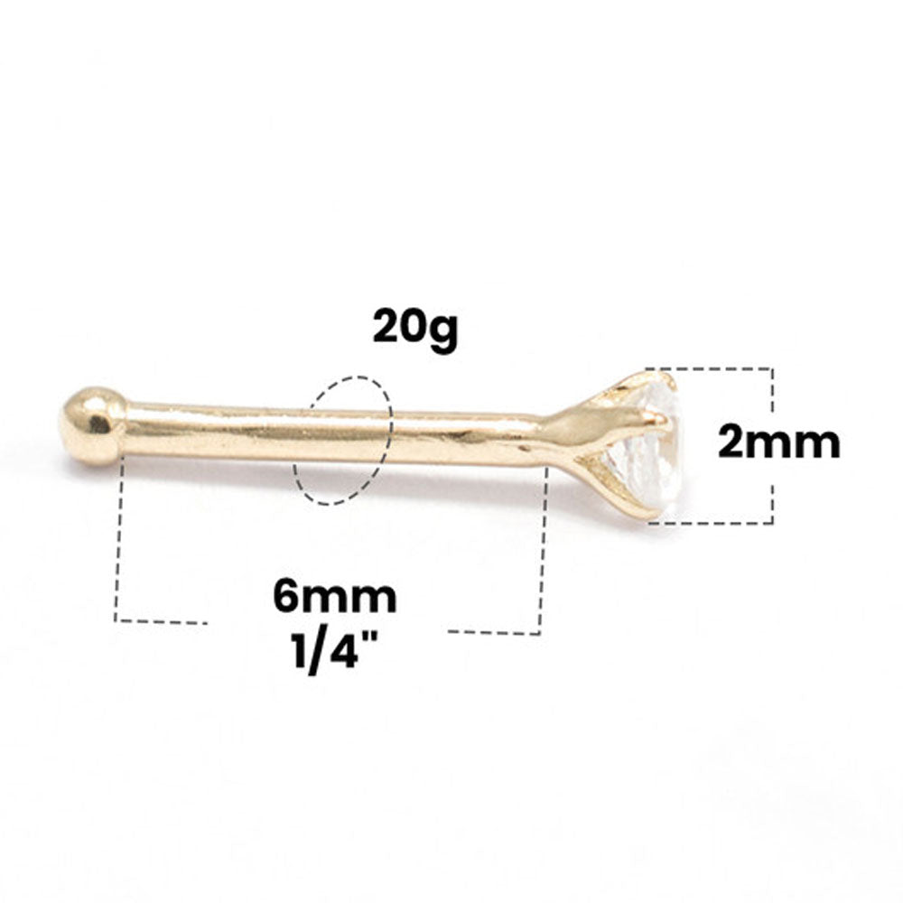 14K Solid Gold 20 Gauge Nose Bone Stud with 2mm Diamond - photo 3