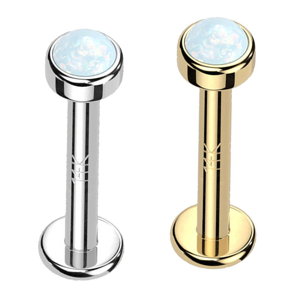 14K Solid Gold 16 Gauge Internally Threaded Opal Top Labret Stud
