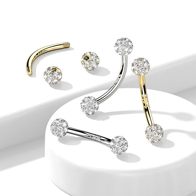 14K Solid Gold 16 Gauge Curved Barbell with Paved CZ Ball - photo 3
