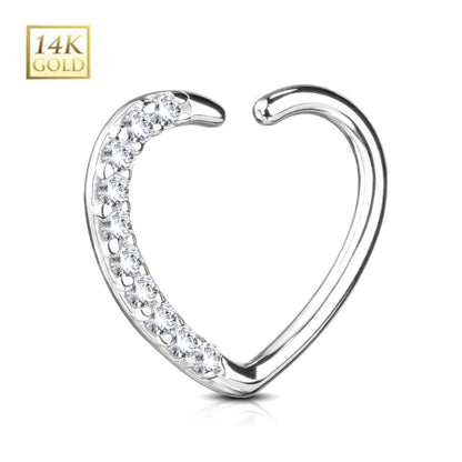 14KT Solid Gold 16 Gauge Heart Daith Hoop Earring with CZ - photo 2