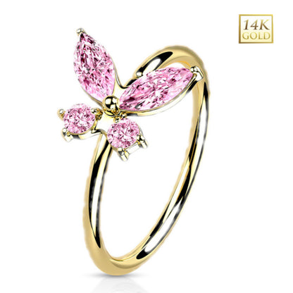 14K Solid Gold 20 Gauge Bendable Nose Ring with CZ Opal Butterfly - photo 6