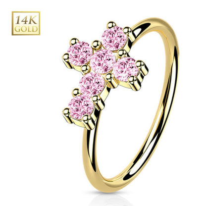 14K Solid Gold 20 Gauge Bendable Nose Ring with CZ Opal Cross - photo 6
