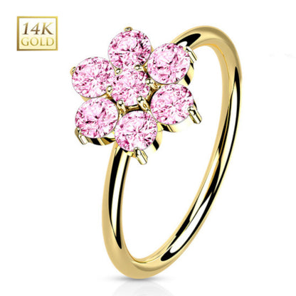14K Solid Gold 20 Gauge Bendable Nose Ring with CZ Opal Flower - photo 6