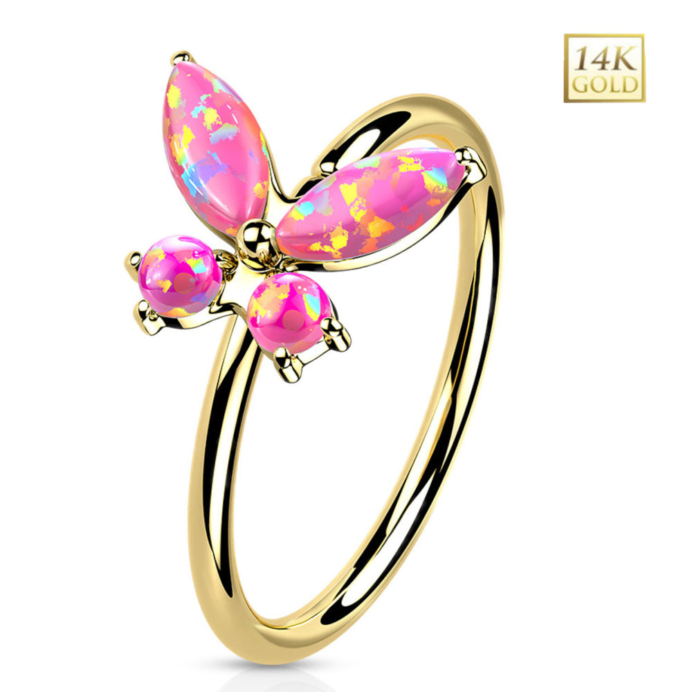 14K Solid Gold 20 Gauge Bendable Nose Ring with CZ Opal Butterfly - photo 7