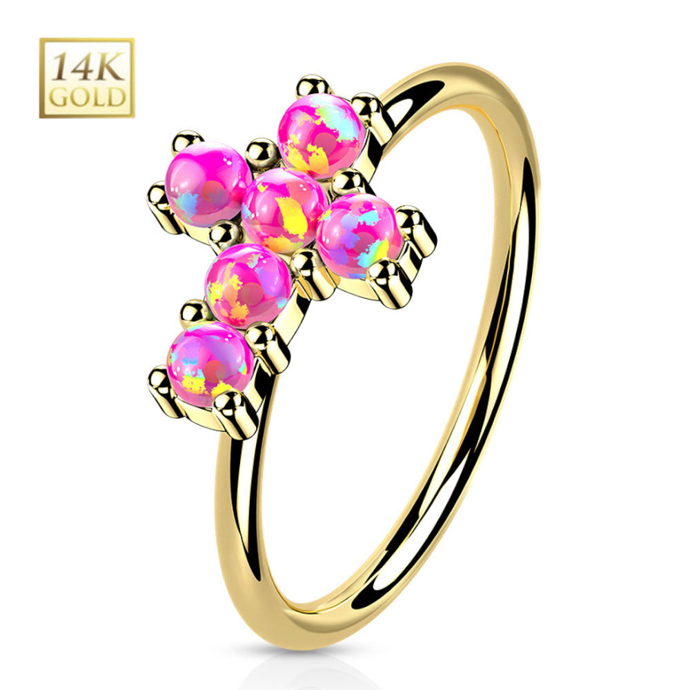14K Solid Gold 20 Gauge Bendable Nose Ring with CZ Opal Cross - photo 7