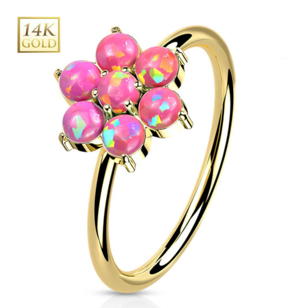 14K Solid Gold 20 Gauge Bendable Nose Ring with CZ Opal Flower - photo 7
