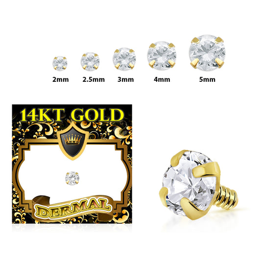 14 Karat Solid Gold 16 Gauge Gold CZ Dermal Anchor with Prong Top